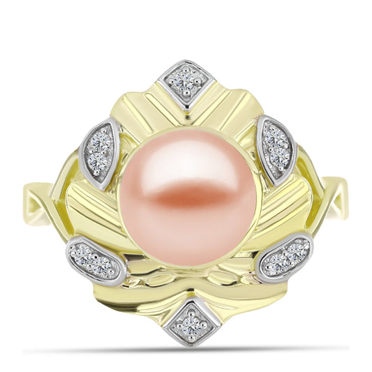 Inel din Argint 925 Placat cu Aur ( 4.91 grame ) cu Perlă de Apă Dulce Piersică și Topaz Alb 3.94 Carate