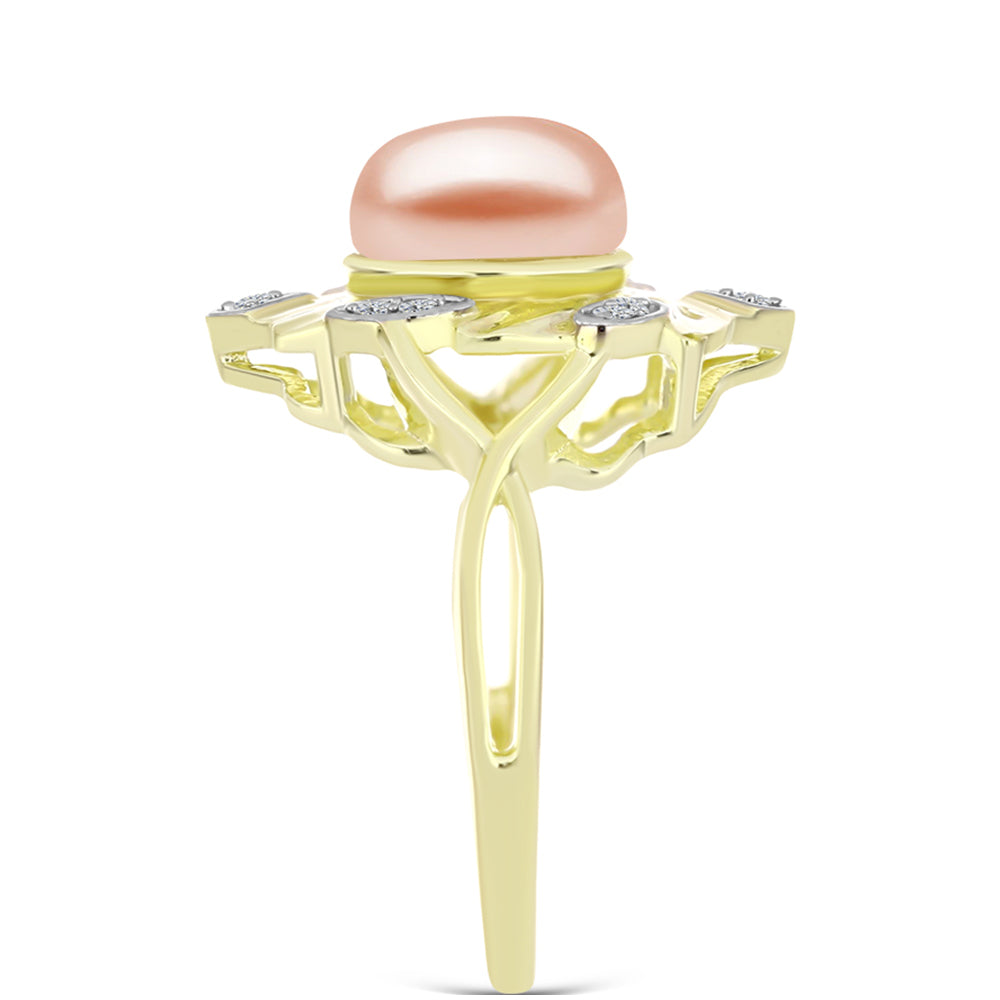 Inel din Argint 925 Placat cu Aur ( 4.91 grame ) cu Perlă de Apă Dulce Piersică și Topaz Alb 3.94 Carate 4 