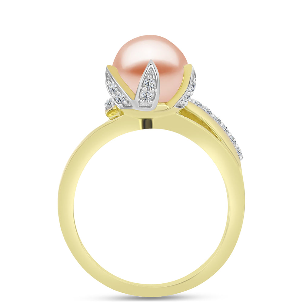 Inel din Argint 925 Placat cu Aur ( 3.26 grame ) cu Perlă de Apă Dulce Piersică și Topaz Alb 2.69 Carate 2 