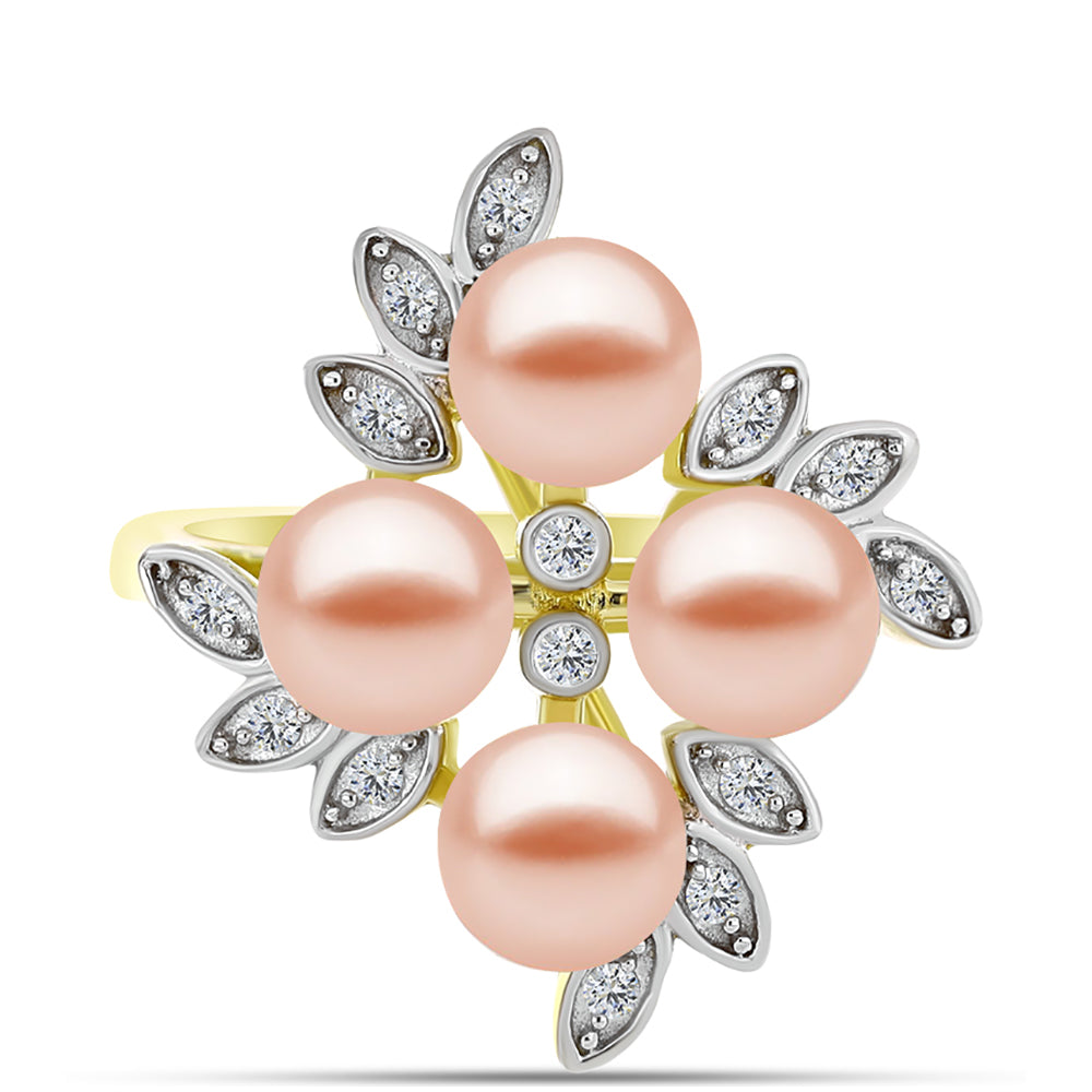 Inel din Argint 925 Placat cu Aur ( 4.44 grame ) cu Perlă de Apă Dulce Piersică și Topaz Alb 5.78 Carate