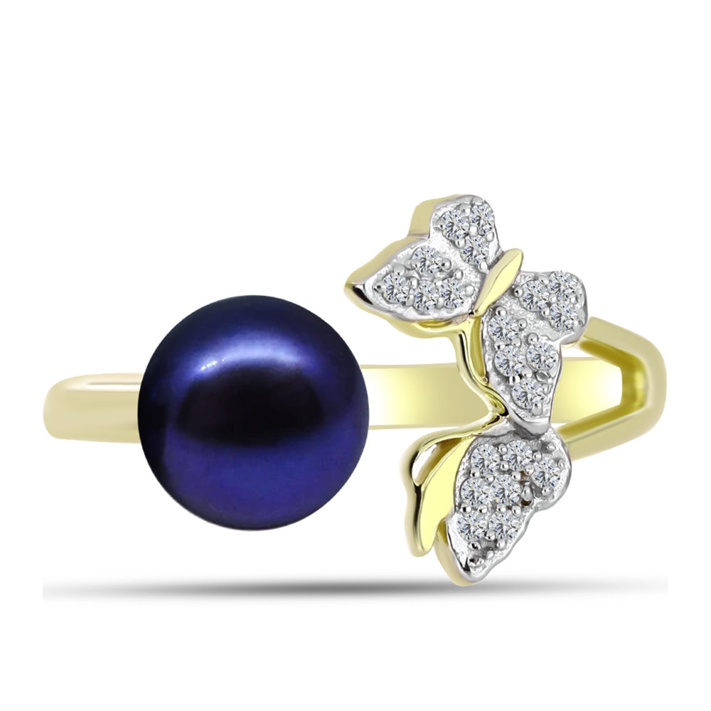 Inel din Argint 925 Placat cu Aur ( 2.62 grame ) cu Perlă de Apă Dulce Neagră și Topaz Alb 3 Carate 1 