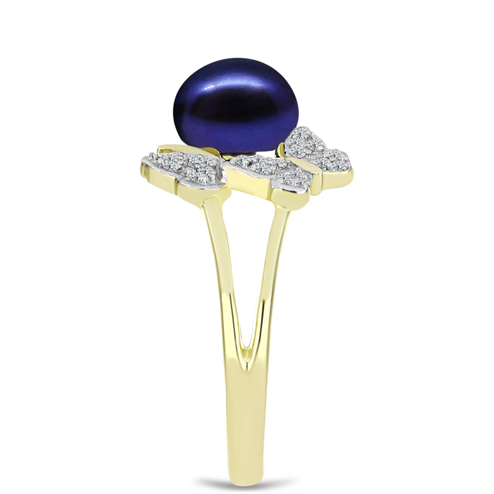 Inel din Argint 925 Placat cu Aur ( 2.62 grame ) cu Perlă de Apă Dulce Neagră și Topaz Alb 3 Carate 4 