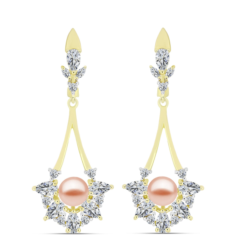 Cercei din Argint 925 Placat cu Aur ( 5.73 grame ) cu Perlă de Apă Dulce Piersică și Topaz Alb 6.2 Carate