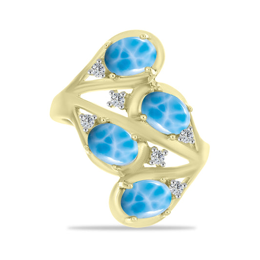 Inel din Argint 925 Placat cu Aur ( 5.6 grame ) cu Larimar(Piatra delfinului) și Topaz Alb 3.89 Carate