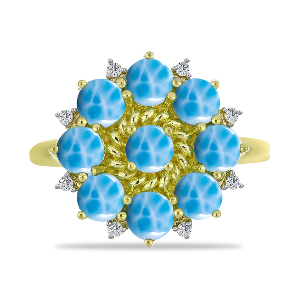 Inel din Argint 925 Placat cu Aur ( 3.14 grame ) cu Larimar(Piatra delfinului) și Topaz Alb 2.81 Carate 1 