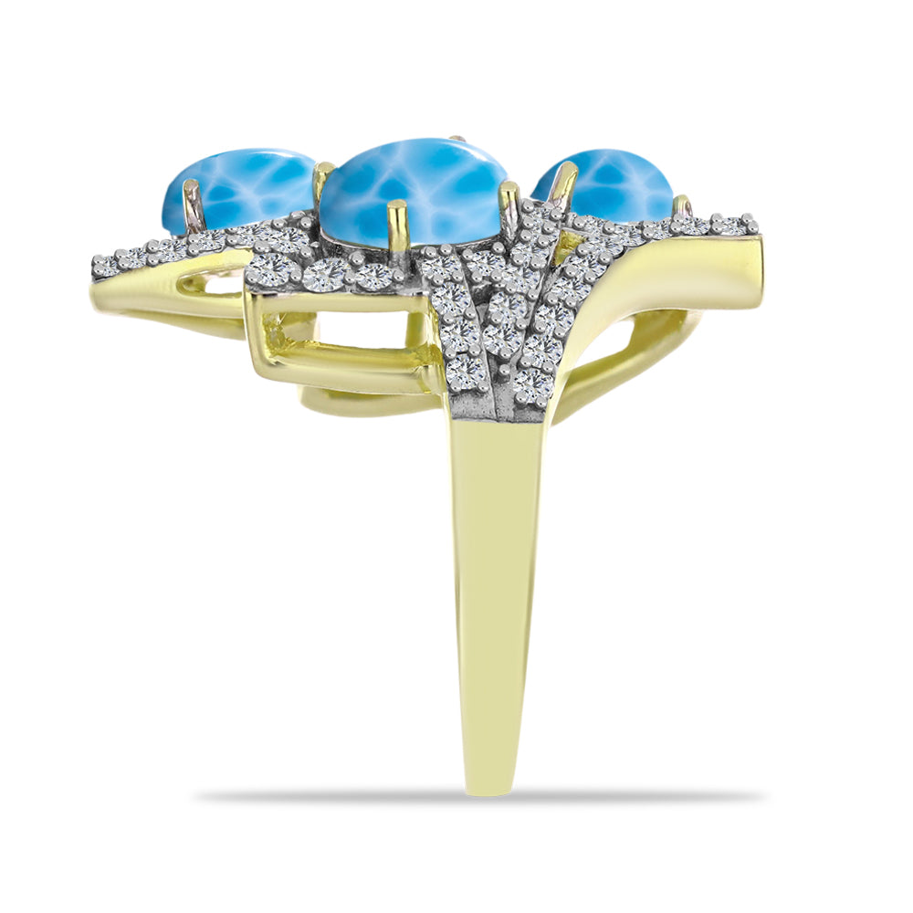 Inel din Argint 925 Placat cu Aur ( 5.5 grame ) cu Larimar(Piatra delfinului) și Topaz Alb 5.65 Carate 4 