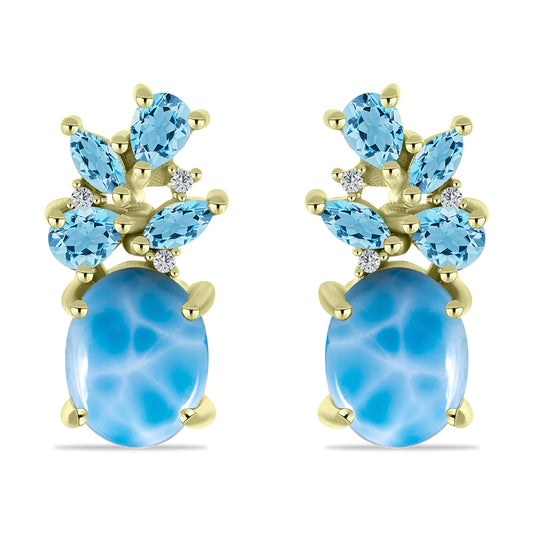 Cercei din Argint 925 Placat cu Aur ( 3.95 grame ) cu Larimar(Piatra delfinului) și Topaz Swiss Blue 5.17 Carate