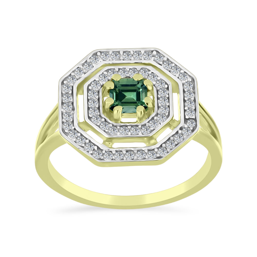 Inel din Argint 925 Placat cu Aur ( 2.85 grame ) cu Turmalină Verde și Topaz Alb 0.76 Carate