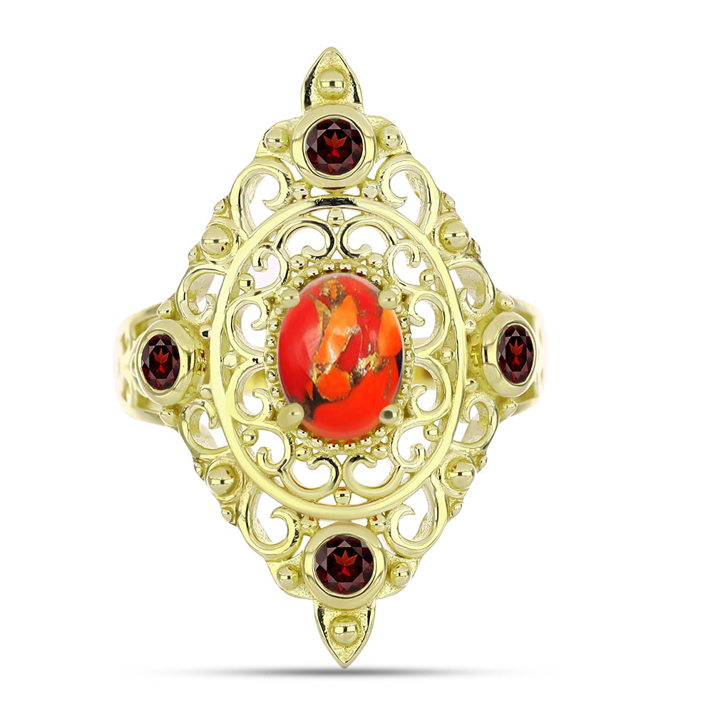 Inel din Argint 925 Placat cu Aur ( 5.87 grame ) cu Turcoaz Mohave și Granat Barton 1.51 Carate 1 