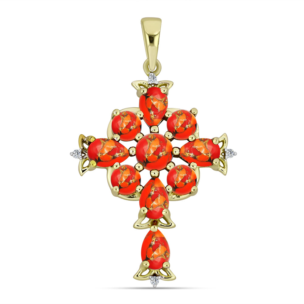 Cruce Pandantiv din Argint 925 Placat cu Aur ( 3.74 grame ) cu Turcoaz Mohave și Topaz Alb 3.59 Carate 1 