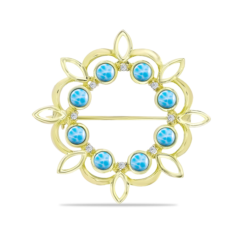 Broşă din Argint 925 Placat cu Aur ( 6.57 grame ) cu Larimar(Piatra delfinului) și Topaz Swiss Blue 2.65 Carate