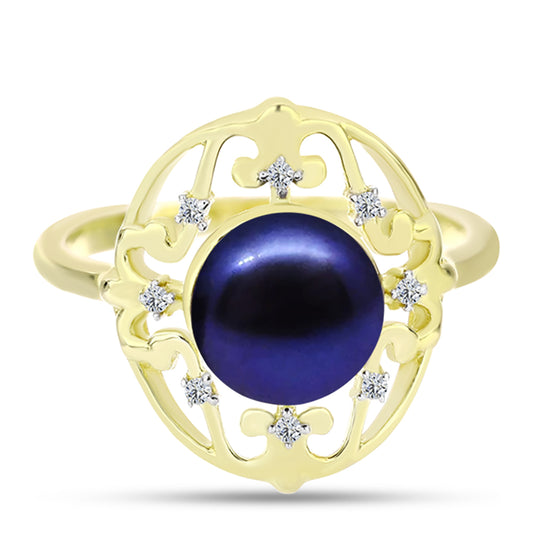 Inel din Argint 925 Placat cu Aur ( 2.98 grame ) cu Perlă de Cultură Neagră și Topaz Alb 3.84 Carate
