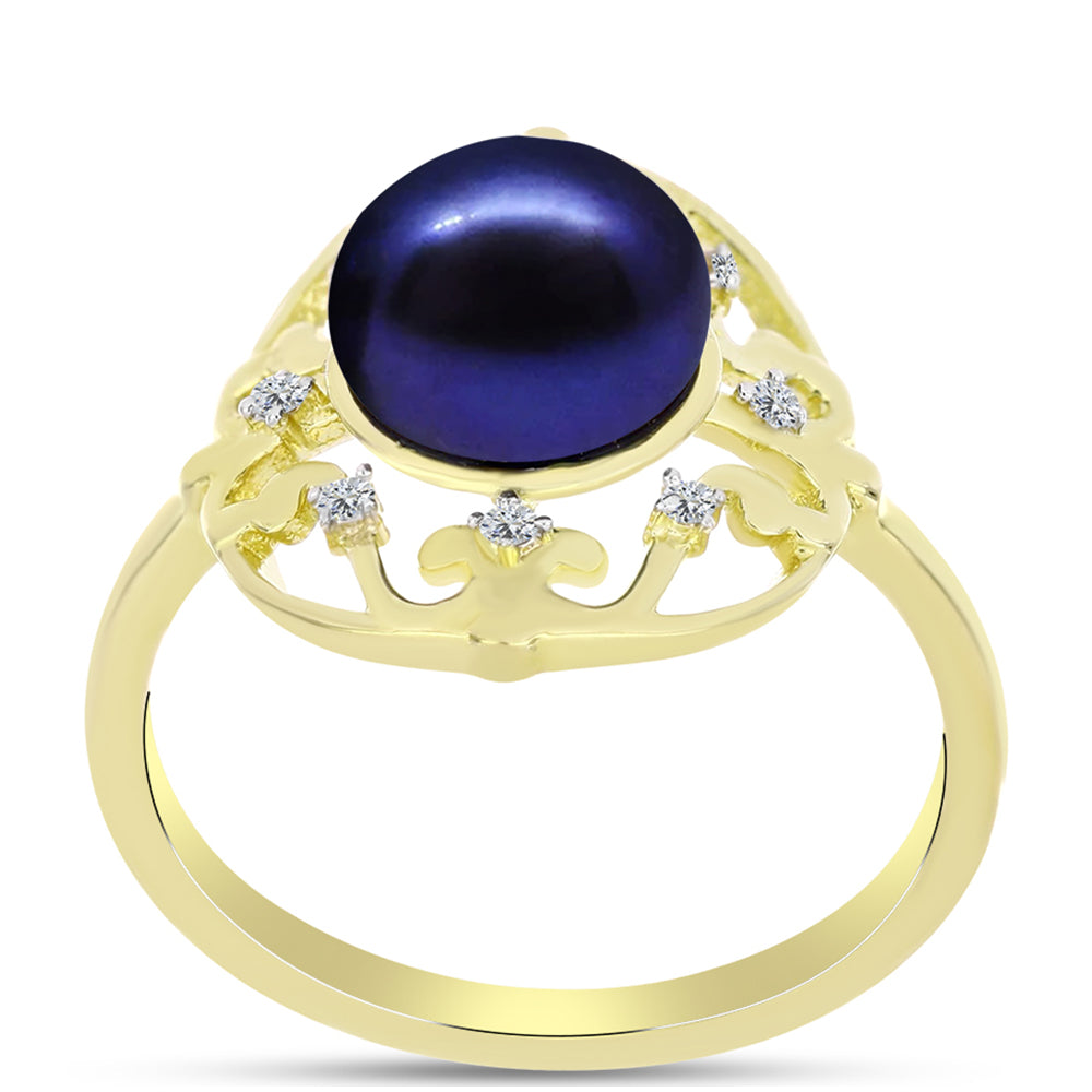 Inel din Argint 925 Placat cu Aur ( 2.98 grame ) cu Perlă de Cultură Neagră și Topaz Alb 3.84 Carate 3 
