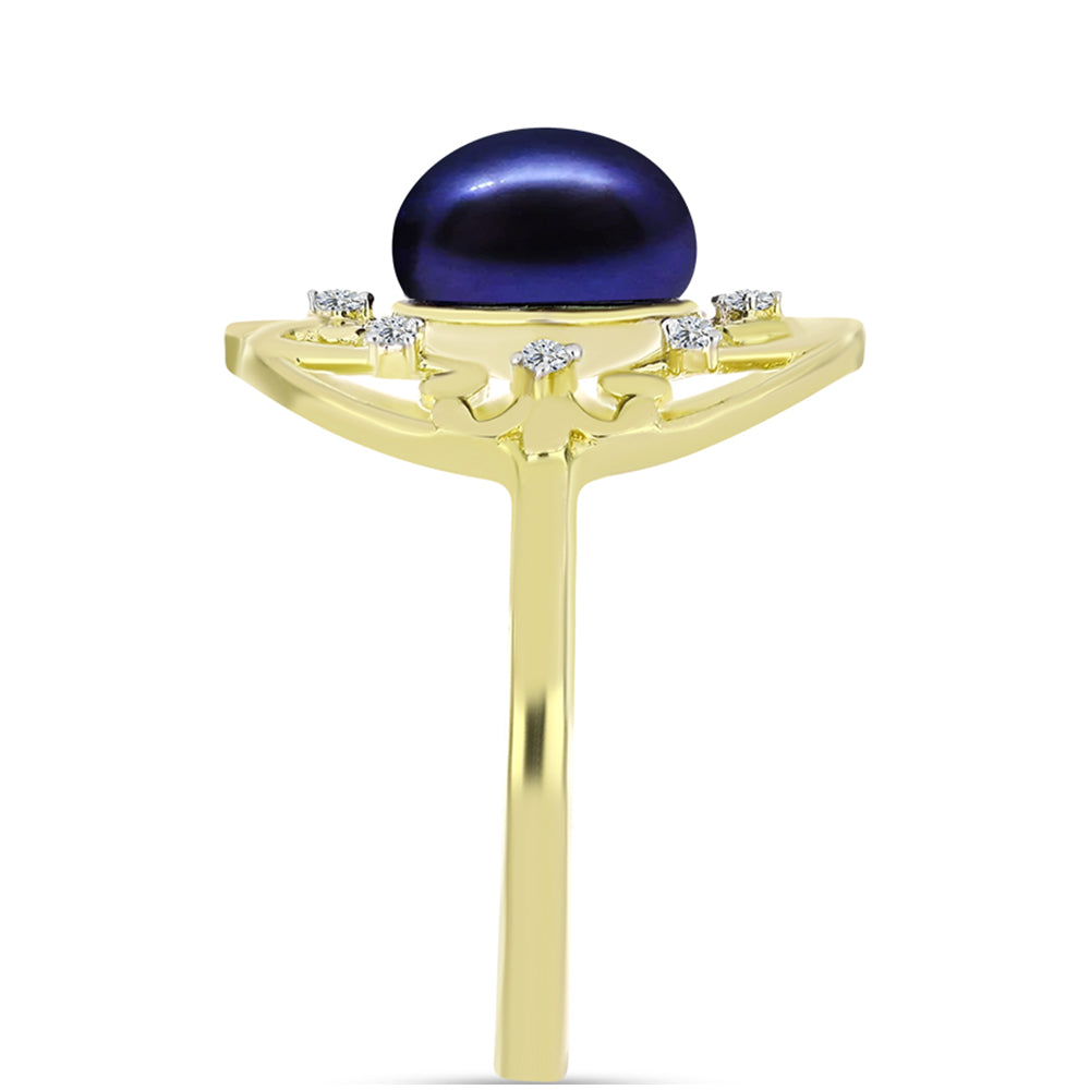 Inel din Argint 925 Placat cu Aur ( 2.98 grame ) cu Perlă de Cultură Neagră și Topaz Alb 3.84 Carate