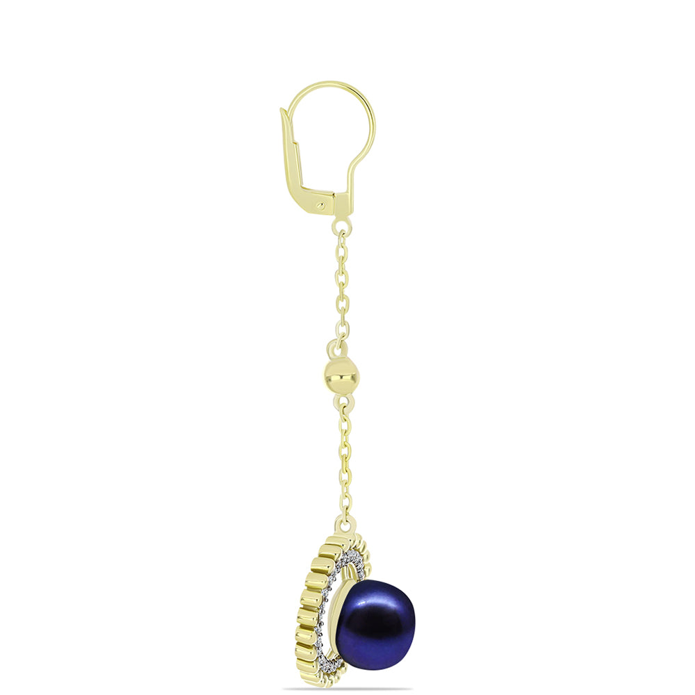 Cercei din Argint 925 Placat cu Aur ( 5.6 grame ) cu Perlă de Cultură Neagră și Topaz Alb 9.03 Carate 2 