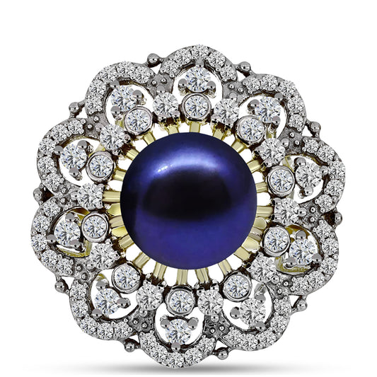 Inel din Argint 925 Placat cu Aur ( 5.41 grame ) cu Perlă de Cultură Neagră și Topaz Alb 5.19 Carate