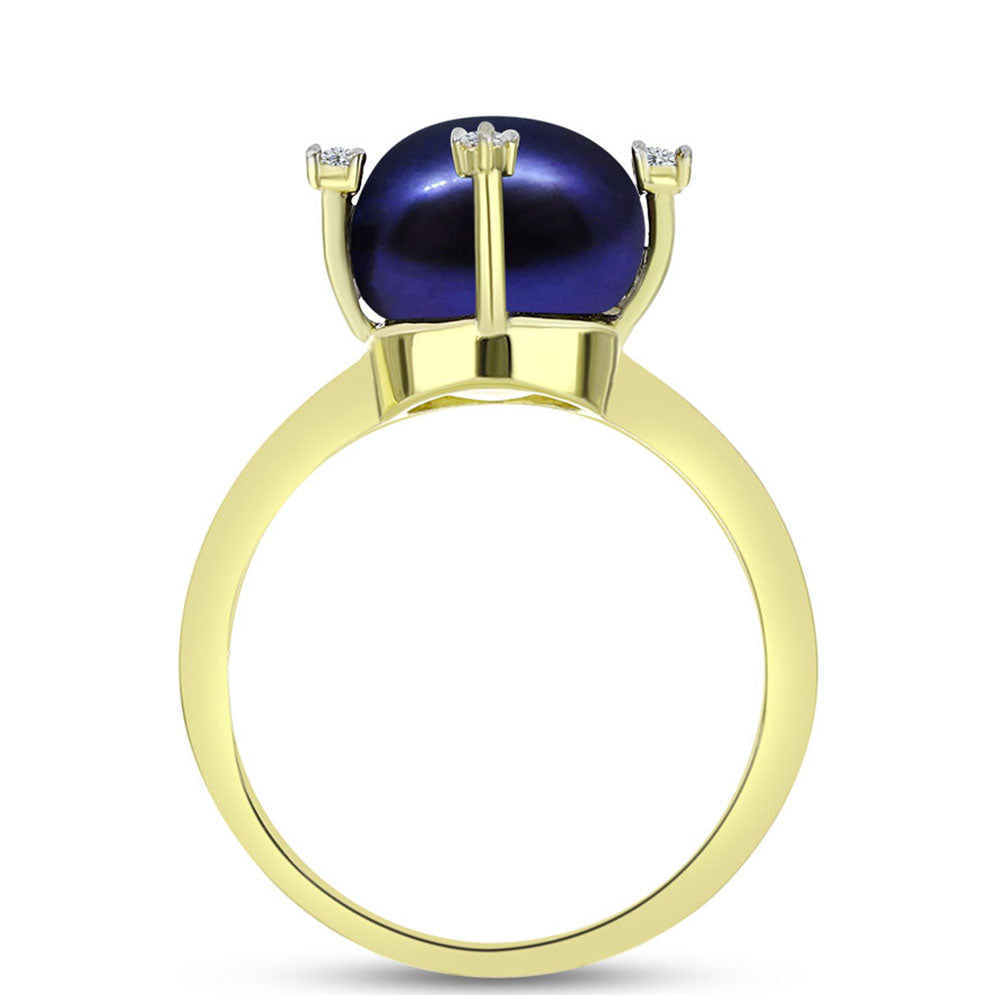 Inel din Argint 925 Placat cu Aur ( 2.83 grame ) cu Perlă de Cultură Neagră și Topaz Alb 5.13 Carate 2 
