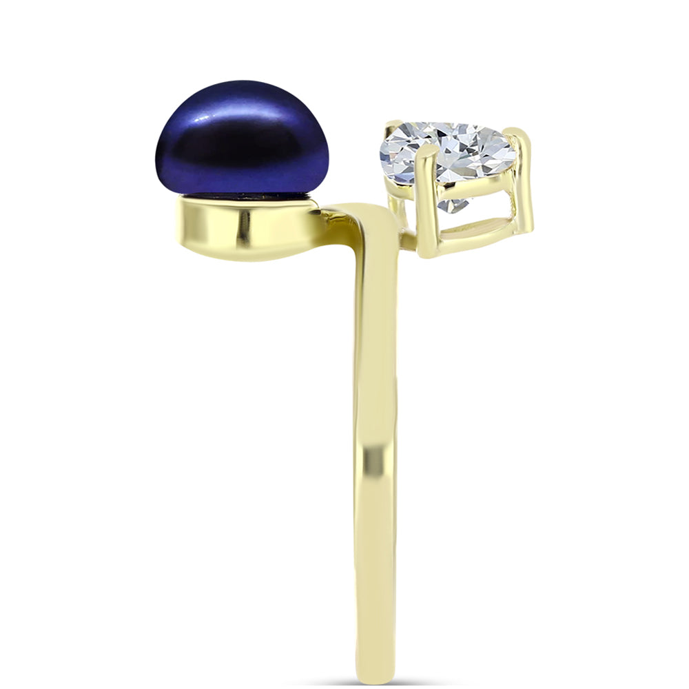 Inel din Argint 925 Placat cu Aur ( 3.03 grame ) cu Perlă de Cultură Neagră și Topaz Alb 4.06 Carate 4 