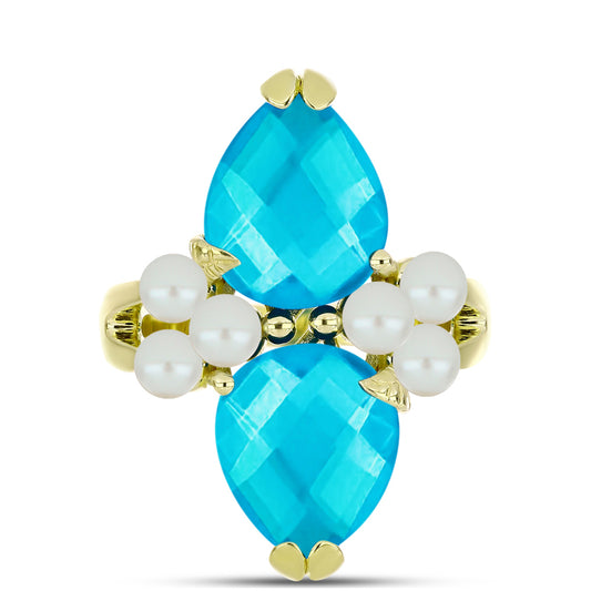 Inel din Argint 925 Placat cu Aur ( 5.3 grame ) cu Jad albastru și Perlă de Apă Dulce Albă 9.07 Carate