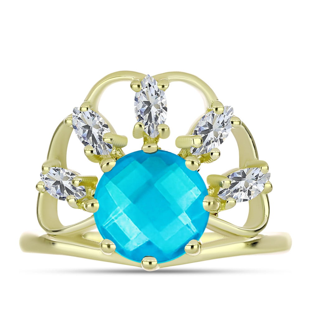 Inel din Argint 925 Placat cu Aur ( 3.56 grame ) cu Jad albastru și Topaz Alb 3.09 Carate 1 