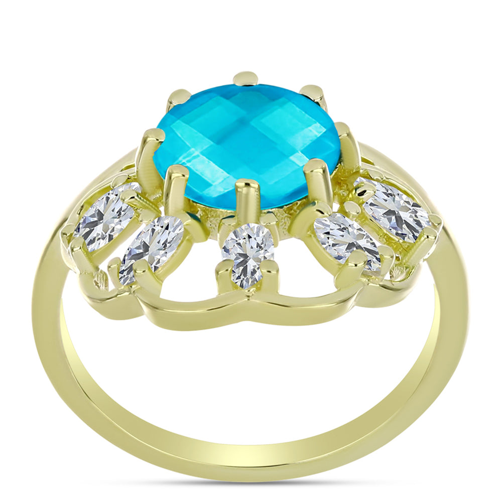 Inel din Argint 925 Placat cu Aur ( 3.56 grame ) cu Jad albastru și Topaz Alb 3.09 Carate 3 