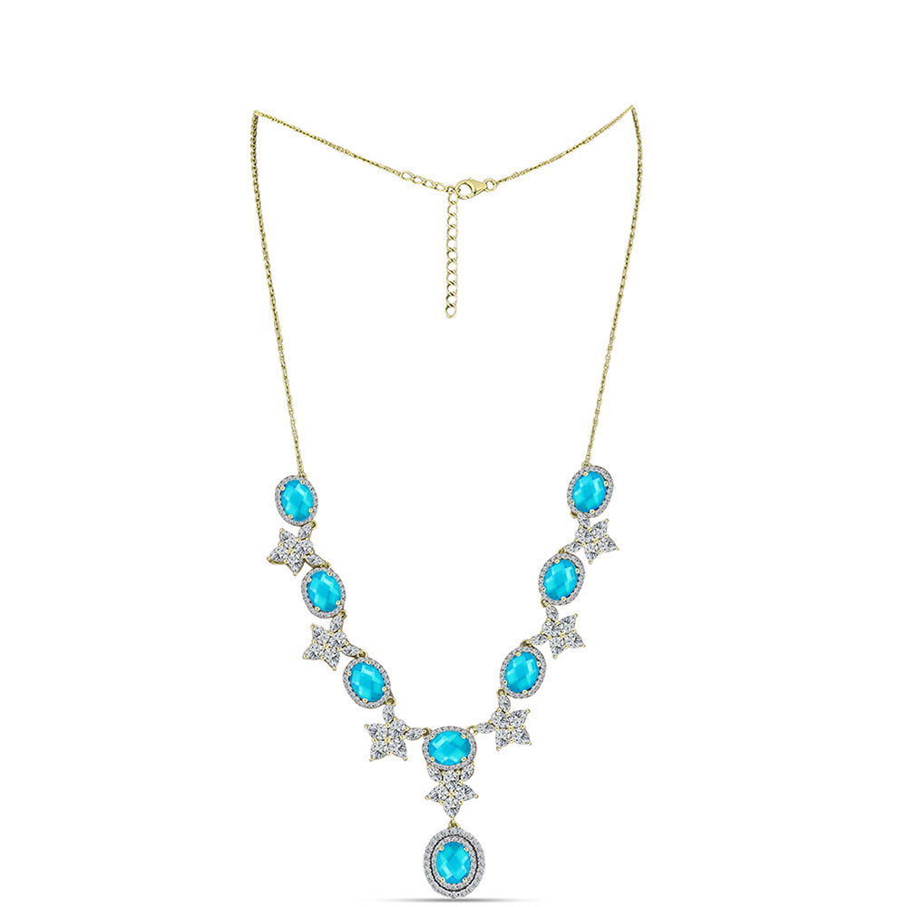 Colier din Argint 925 Placat cu Aur ( 12.9 grame ) cu Jad albastru și Topaz Alb 15.22 Carate 1 