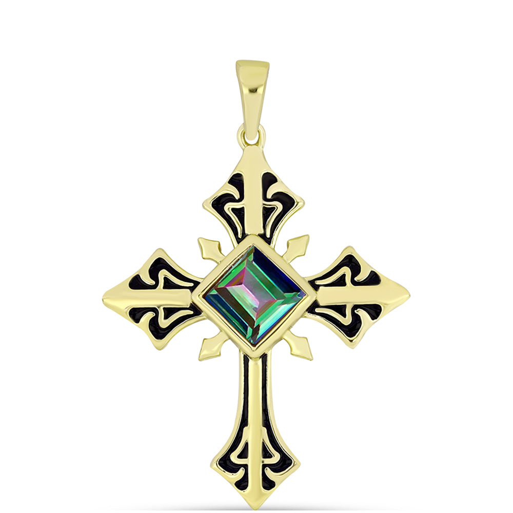 Cruce Pandantiv din Argint 925 Placat cu Aur ( 3.72 grame ) cu Cuarț Hematit Verde Mistic 0.93 Carate
