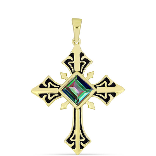 Cruce Pandantiv din Argint 925 Placat cu Aur ( 3.72 grame ) cu Cuarț Hematit Verde Mistic 0.93 Carate