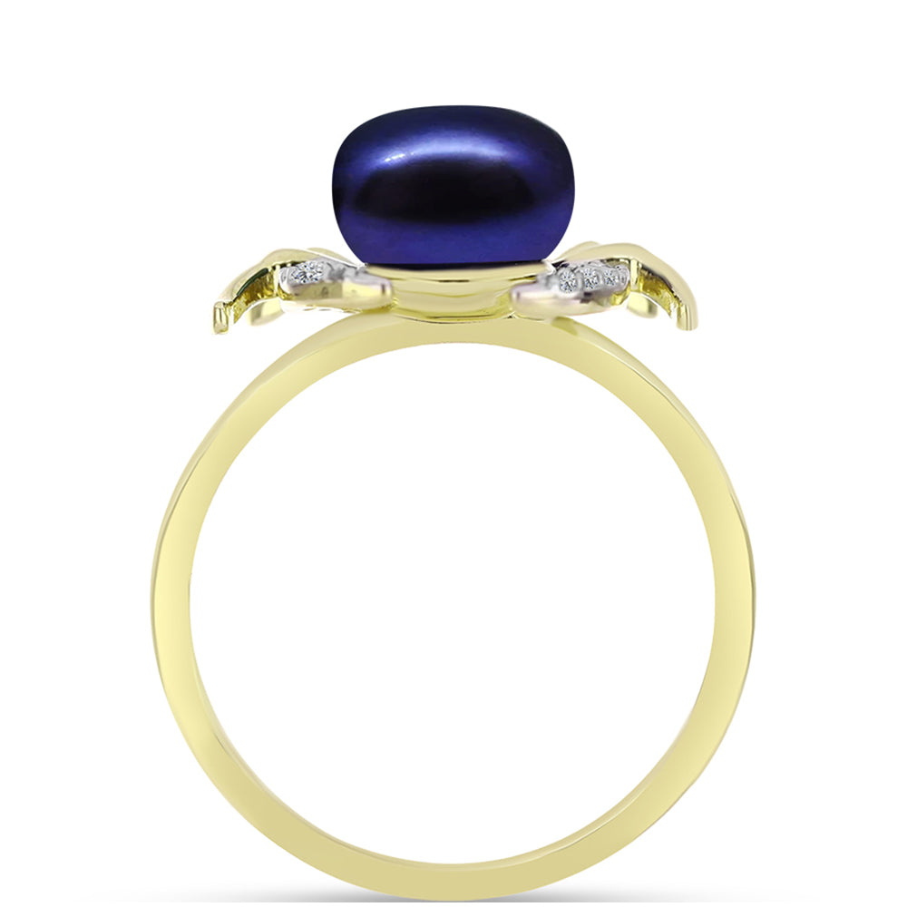 Inel din Argint 925 Placat cu Aur ( 3.44 grame ) cu Perlă de Cultură Neagră și Topaz Alb 3.67 Carate 2 