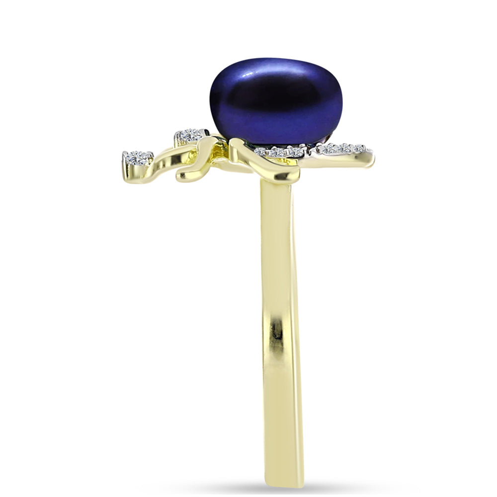 Inel din Argint 925 Placat cu Aur ( 3.44 grame ) cu Perlă de Cultură Neagră și Topaz Alb 3.67 Carate 4 