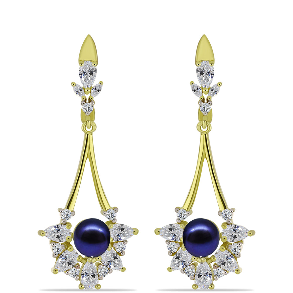 Cercei din Argint 925 Placat cu Aur ( 5.93 grame ) cu Perlă de Cultură Neagră și Topaz Alb 6.37 Carate