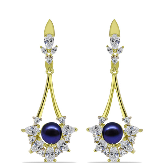 Cercei din Argint 925 Placat cu Aur ( 5.93 grame ) cu Perlă de Cultură Neagră și Topaz Alb 6.37 Carate