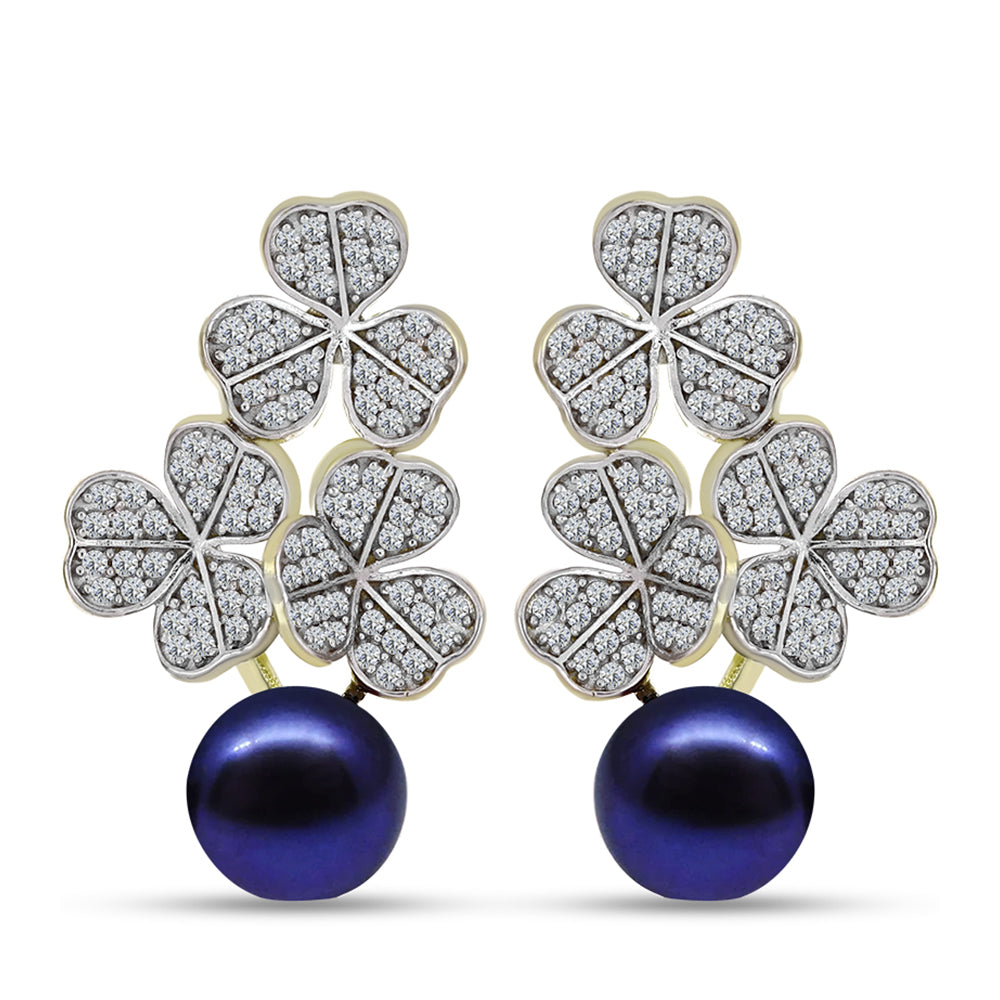 Cercei din Argint 925 Placat cu Aur ( 5.96 grame ) cu Perlă de Cultură Neagră și Topaz Alb 8.37 Carate 1 