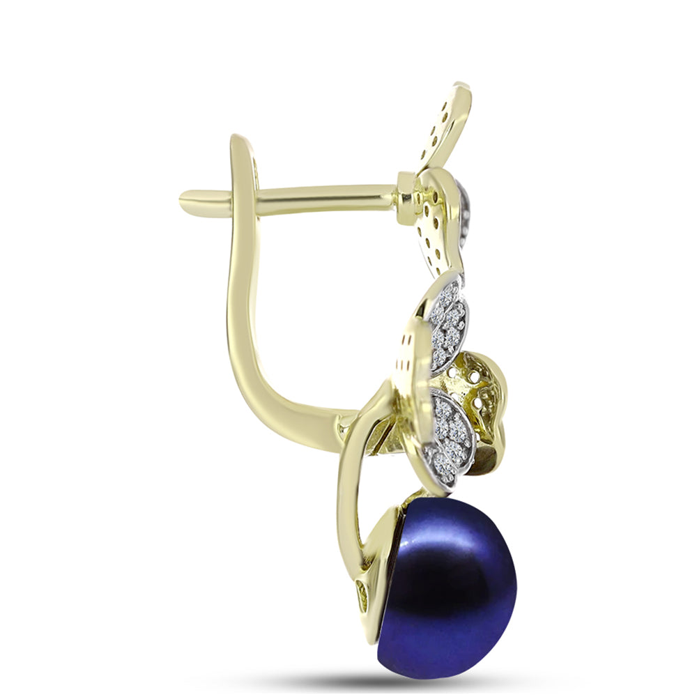 Cercei din Argint 925 Placat cu Aur ( 5.96 grame ) cu Perlă de Cultură Neagră și Topaz Alb 8.37 Carate 2 