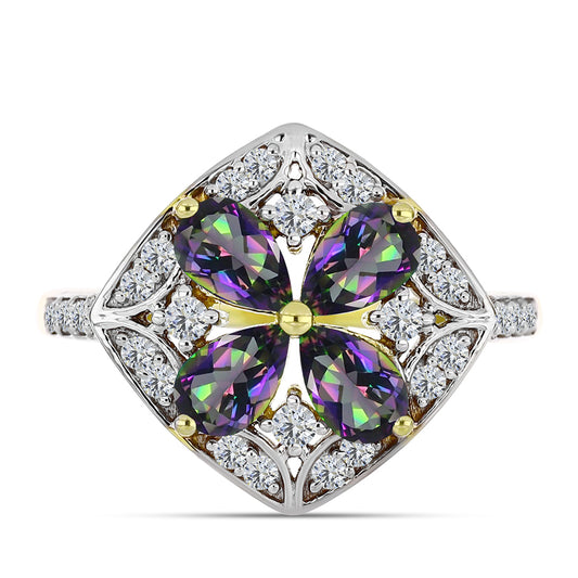 Inel din Argint 925 Placat cu Aur ( 3.79 grame ) cu Cuarț Hematit Verde Mistic și Topaz Alb 2.78 Carate