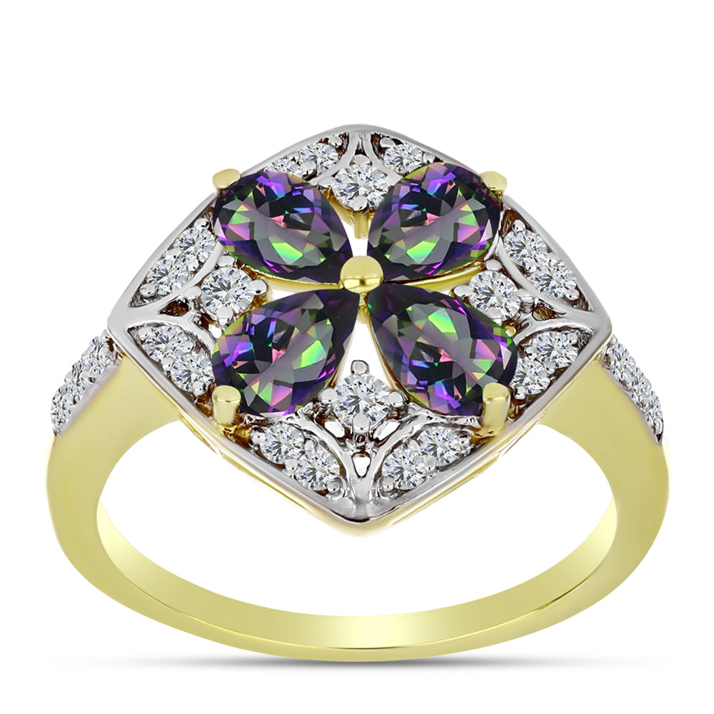 Inel din Argint 925 Placat cu Aur ( 3.79 grame ) cu Cuarț Hematit Verde Mistic și Topaz Alb 2.78 Carate 3 