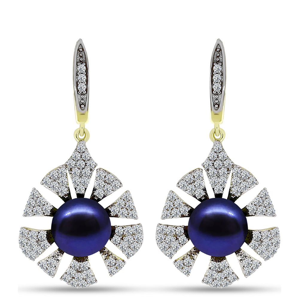 Cercei din Argint 925 Placat cu Aur ( 5.26 grame ) cu Perlă de Cultură Neagră și Topaz Alb 9.13 Carate 1 
