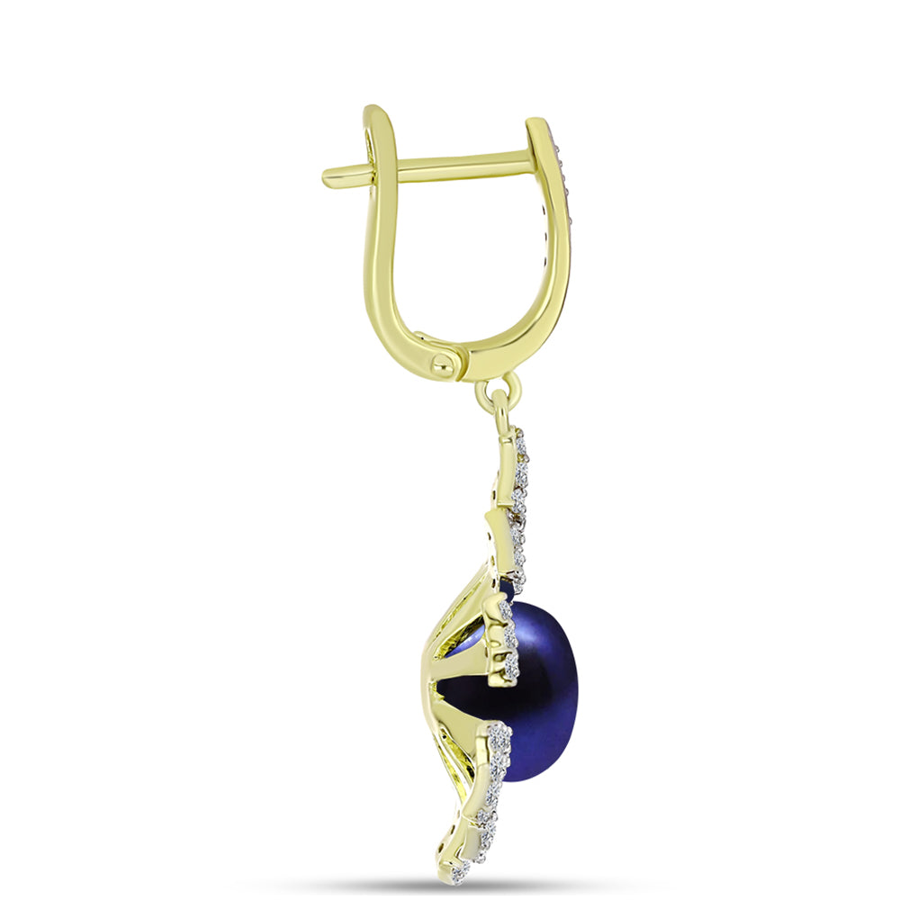Cercei din Argint 925 Placat cu Aur ( 5.26 grame ) cu Perlă de Cultură Neagră și Topaz Alb 9.13 Carate 2 