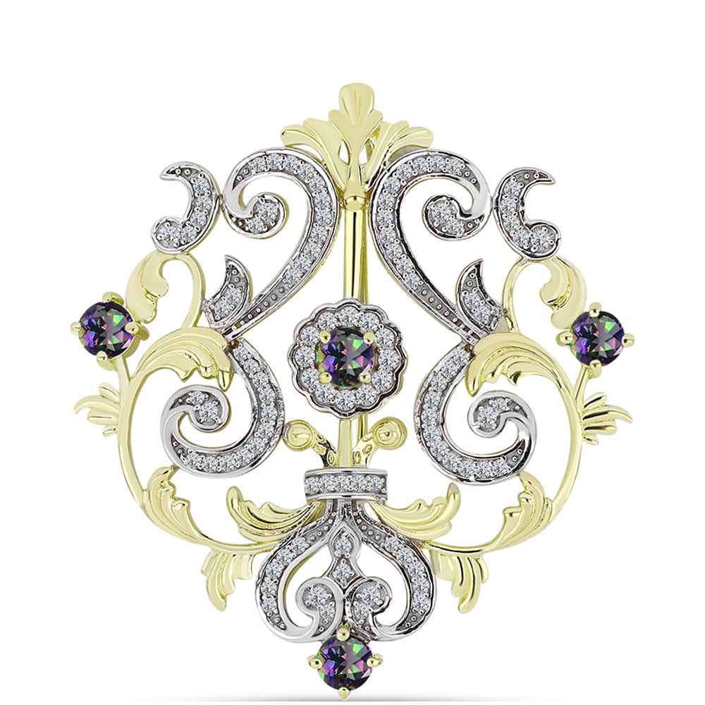 Broşă din Argint 925 Placat cu Aur ( 6.8 grame ) cu Cuarț Hematit Verde Mistic și Topaz Alb 1.73 Carate