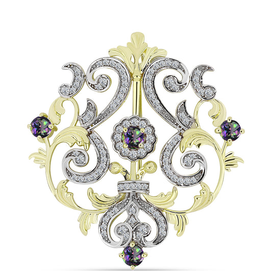 Broşă din Argint 925 Placat cu Aur ( 6.8 grame ) cu Cuarț Hematit Verde Mistic și Topaz Alb 1.73 Carate