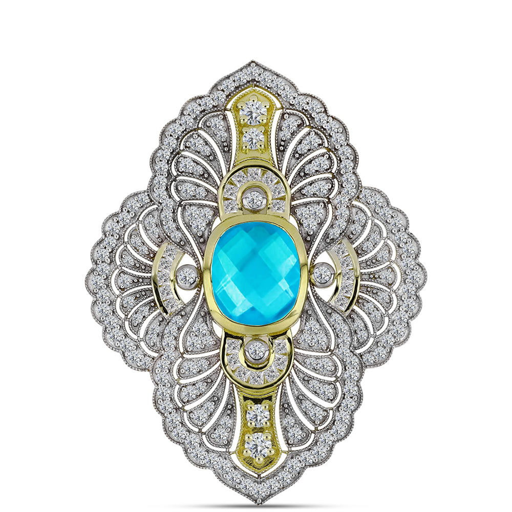Broşă din Argint 925 Placat cu Aur ( 8.93 grame ) cu Jad albastru și Topaz Alb 8.46 Carate 1 