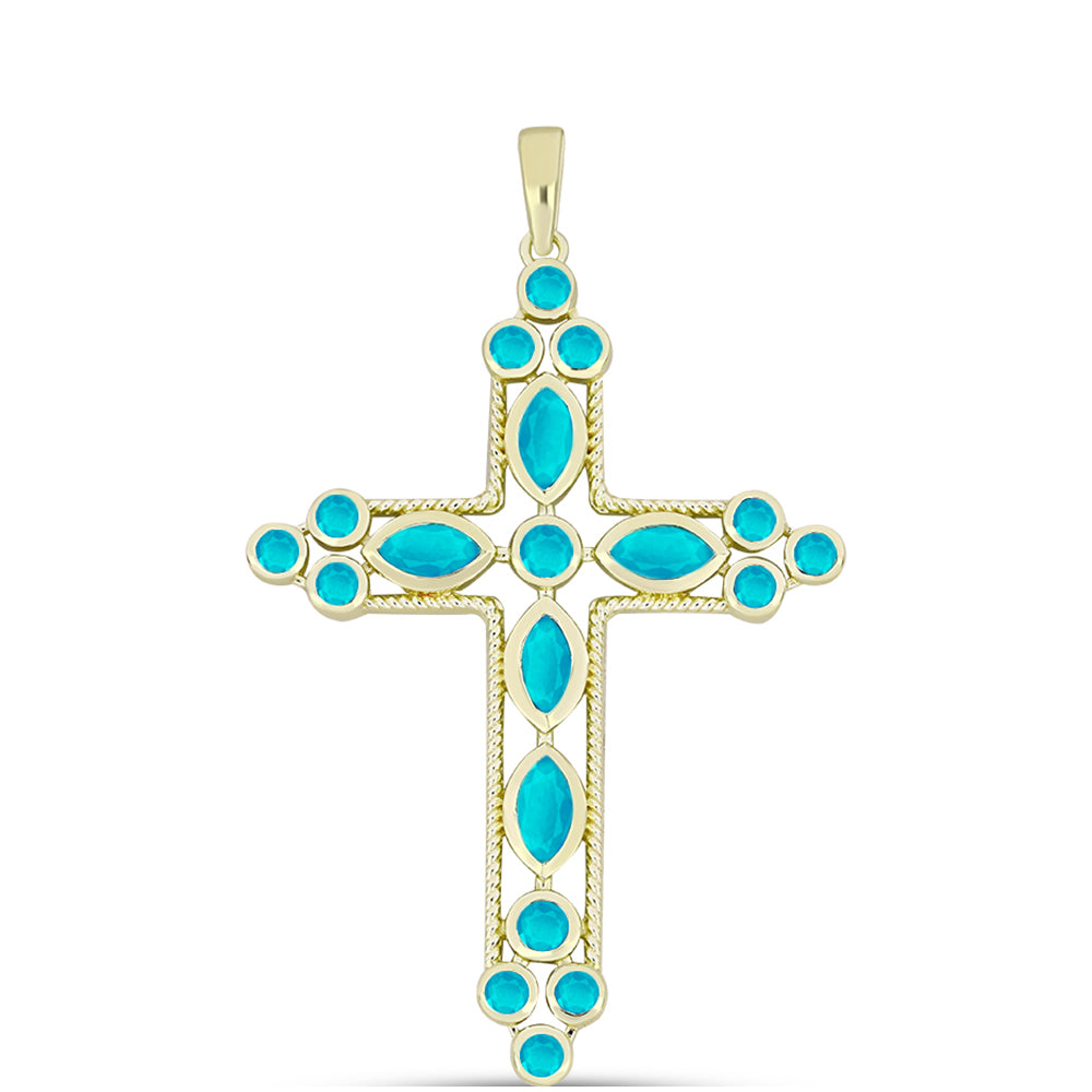 Cruce Pandantiv din Argint 925 Placat cu Aur ( 5.71 grame ) cu Jad albastru 2.17 Carate