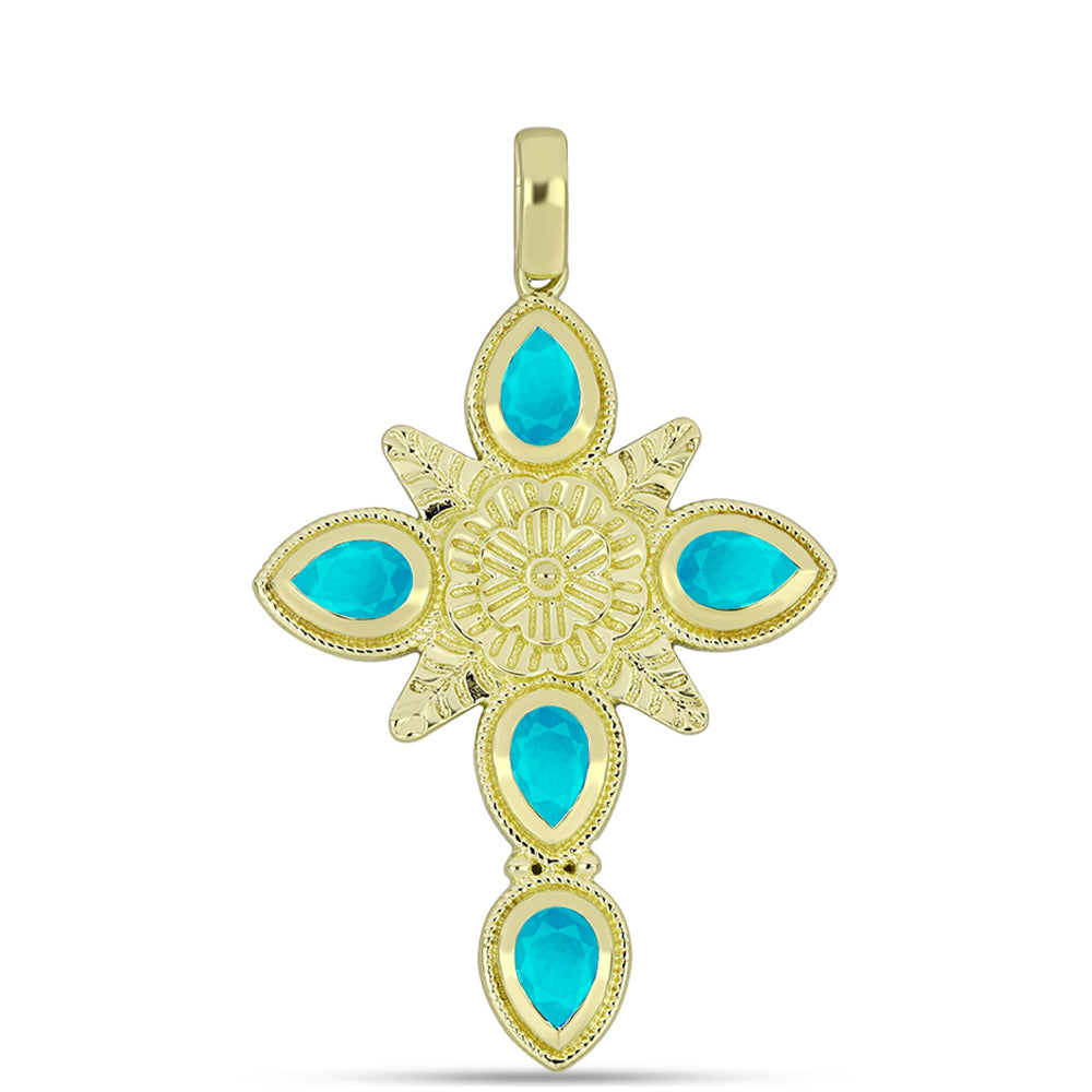 Cruce Pandantiv din Argint 925 Placat cu Aur ( 5.94 grame ) cu Jad albastru 2.07 Carate