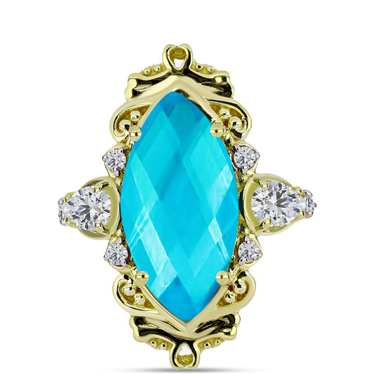 Inel din Argint 925 Placat cu Aur ( 4.7 grame ) cu Jad albastru și Topaz Alb 7.23 Carate