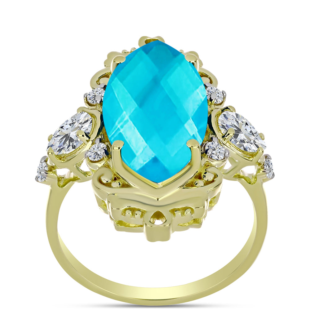 Inel din Argint 925 Placat cu Aur ( 4.7 grame ) cu Jad albastru și Topaz Alb 7.23 Carate 3 