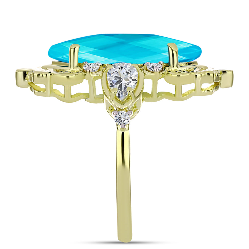 Inel din Argint 925 Placat cu Aur ( 4.7 grame ) cu Jad albastru și Topaz Alb 7.23 Carate