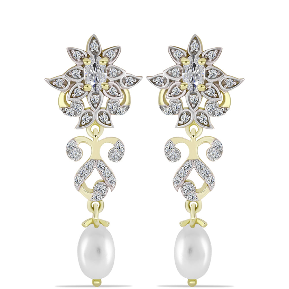 Cercei din Argint 925 Placat cu Aur ( 4.39 grame ) cu Perlă de Apă Dulce Albă și Topaz Alb 3.77 Carate 1 