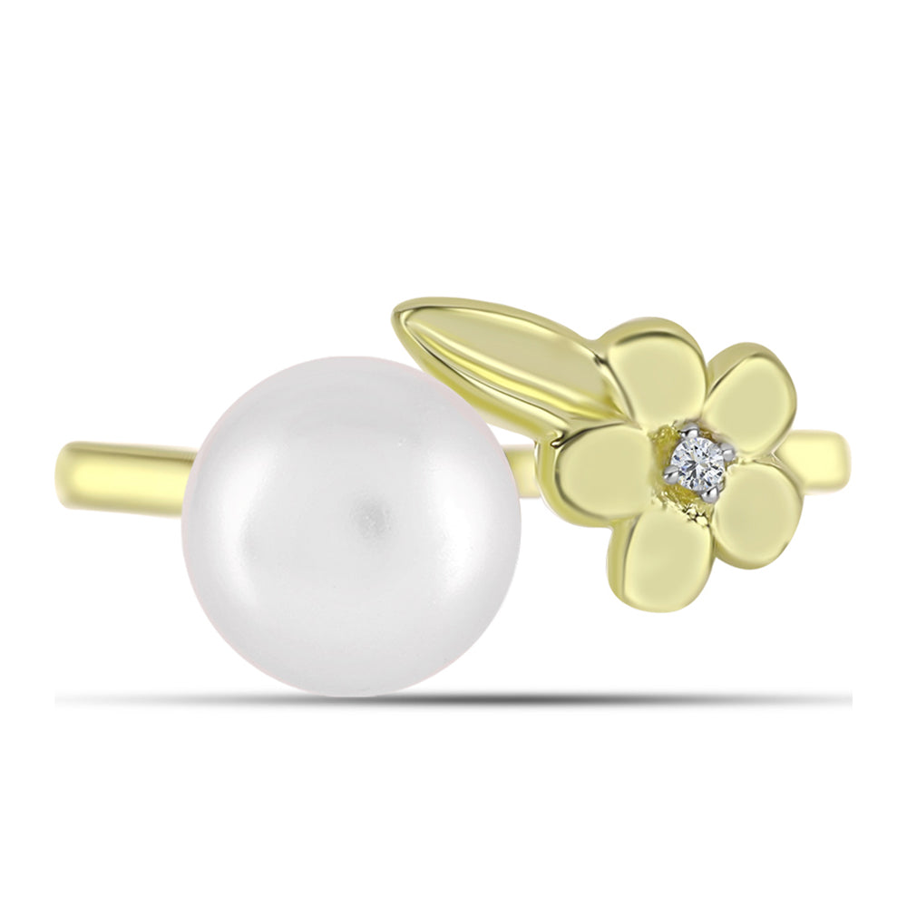 Inel din Argint 925 Placat cu Aur ( 2.5 grame ) cu Perlă de Apă Dulce Albă și Topaz Alb 5.62 Carate 1 