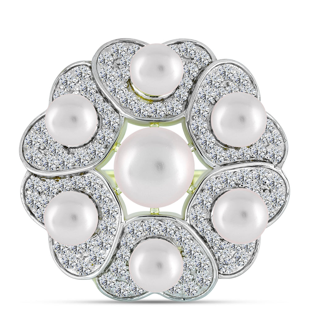 Inel din Argint 925 Placat cu Aur ( 6.53 grame ) cu Perlă de Apă Dulce Albă și Topaz Alb 9.25 Carate