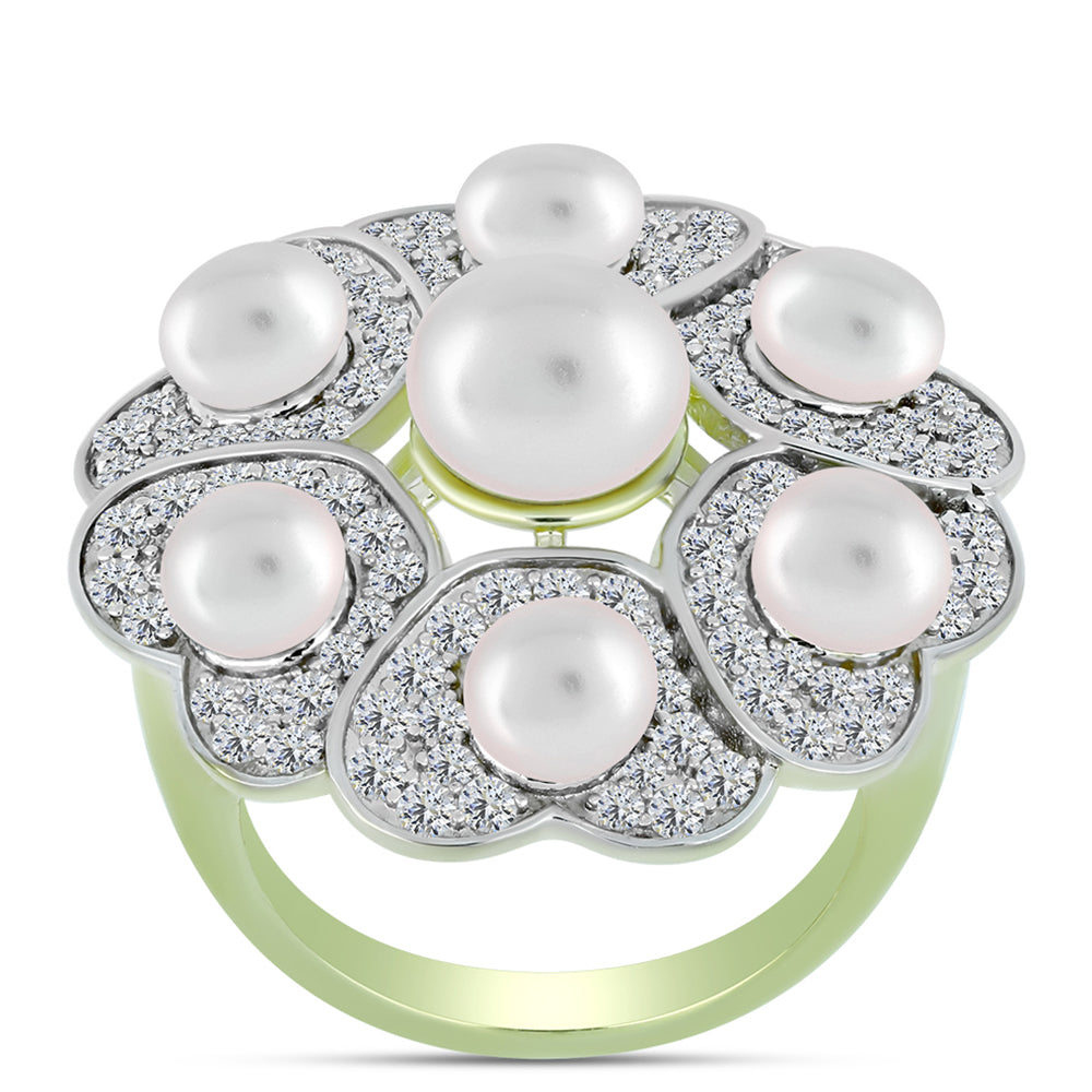 Inel din Argint 925 Placat cu Aur ( 6.53 grame ) cu Perlă de Apă Dulce Albă și Topaz Alb 9.25 Carate 3 